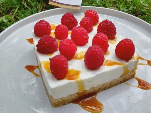 Torta fredda allo yogurt con lamponi e carruba