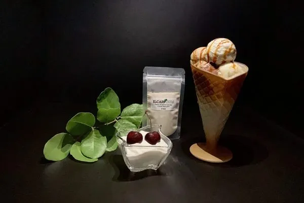Una confezione di ILCARGUM, farina di semi di carruba biologica, con gelato